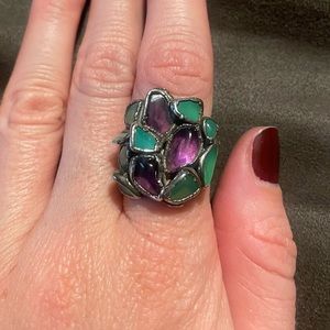 C&R Handmade, artisan sterling silver ring w/ amethyst and tourmaline stones.